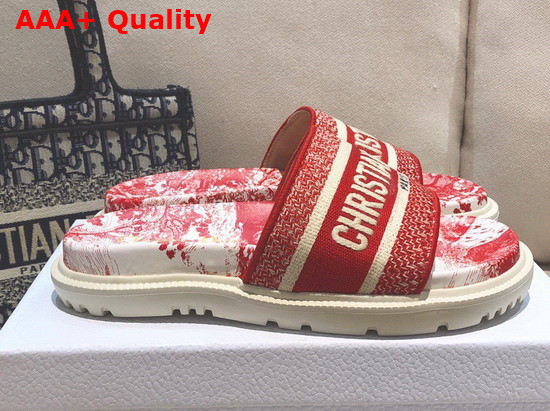 Dior Dway Slide Red Toile de Jouy Embroidered Cotton Replica