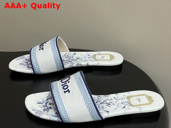 Dior Dway Slide White and Blue Embroidered Cotton and Toile de Jouy Floral Garden Motif Replica