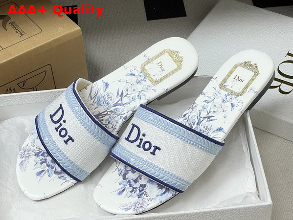 Dior Dway Slide White and Blue Embroidered Cotton and Toile de Jouy Floral Garden Motif Replica