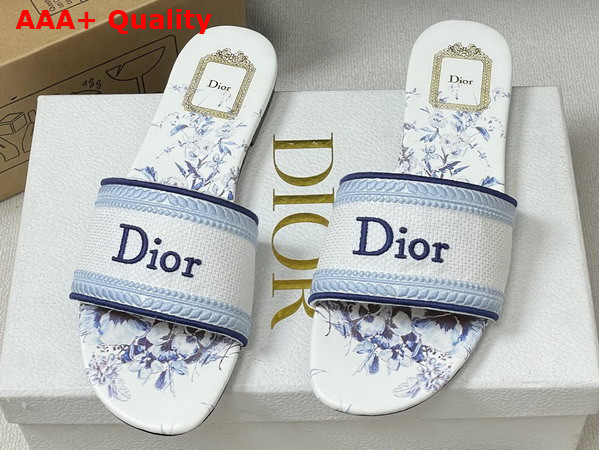 Dior Dway Slide White and Blue Embroidered Cotton and Toile de Jouy Floral Garden Motif Replica