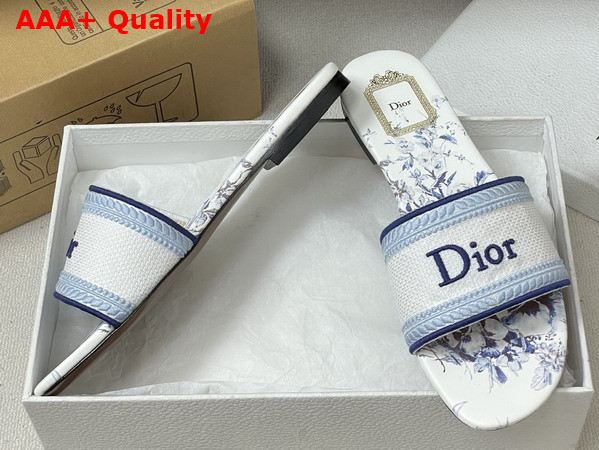 Dior Dway Slide White and Blue Embroidered Cotton and Toile de Jouy Floral Garden Motif Replica