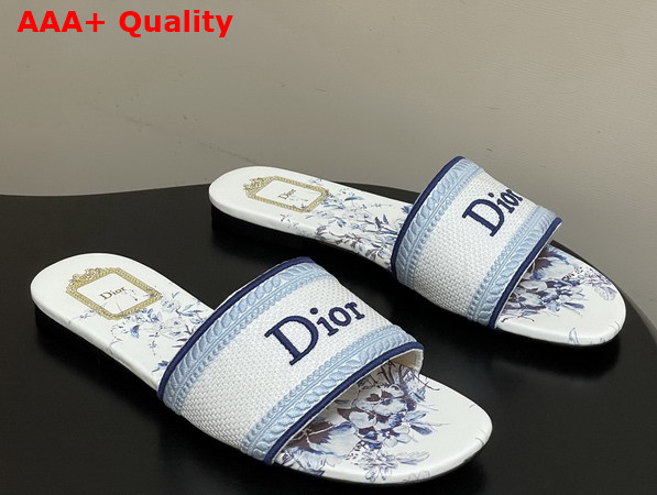 Dior Dway Slide White and Blue Embroidered Cotton and Toile de Jouy Floral Garden Motif Replica