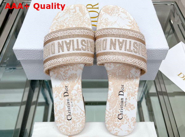 Dior Dway Slide White and Gold Tone Cotton Embroidered with Dior Jardin D Hiver Motif in Gold Tone Metallic Thread Replica