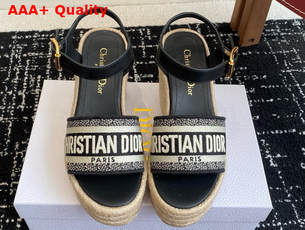 Dior Dway Wedge Sandal in Black Calfskin and Embroidered Cotton Replica
