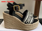 Dior Dway Wedge Sandal in Black Calfskin and Embroidered Cotton Replica