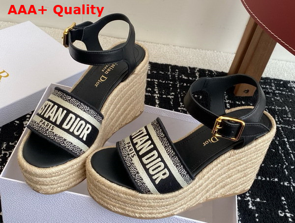 Dior Dway Wedge Sandal in Black Calfskin and Embroidered Cotton Replica