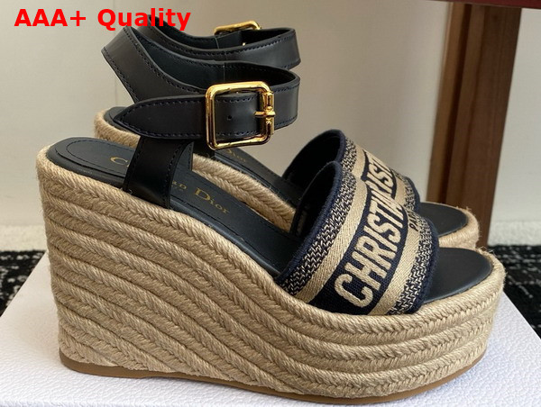 Dior Dway Wedge Sandal in Deep Blue Calfskin and Embroidered Cotton Replica