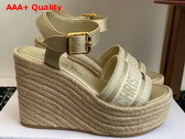 Dior Dway Wedge Sandal in Gold Calfskin and Embroidered Cotton Replica