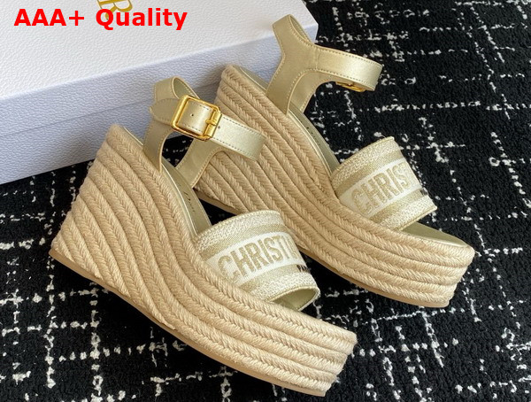 Dior Dway Wedge Sandal in Gold Calfskin and Embroidered Cotton Replica