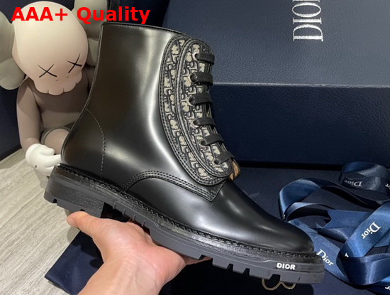 Dior Explorer II Laced Ankle Boot Black Polished Calfskin and Beige and Black dior Oblique Jacquard Replica