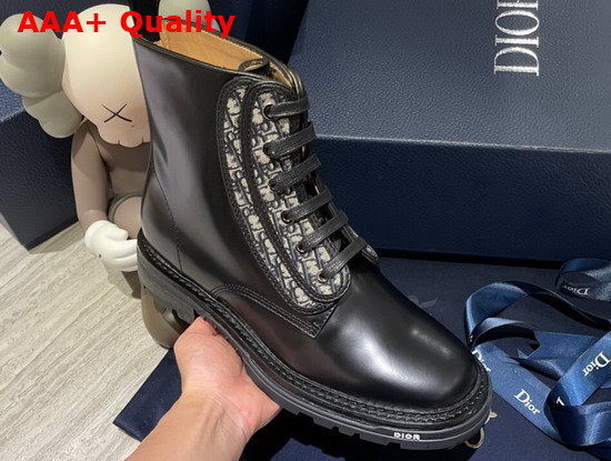 Dior Explorer II Laced Ankle Boot Black Polished Calfskin and Beige and Black dior Oblique Jacquard Replica