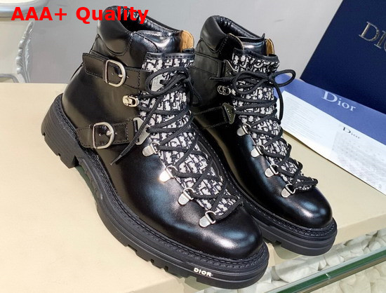 Dior Explorer II Laced and Buckled Ankle Boot Black Polished Calfskin and Beige and Black dior Oblique Jacquard Replica