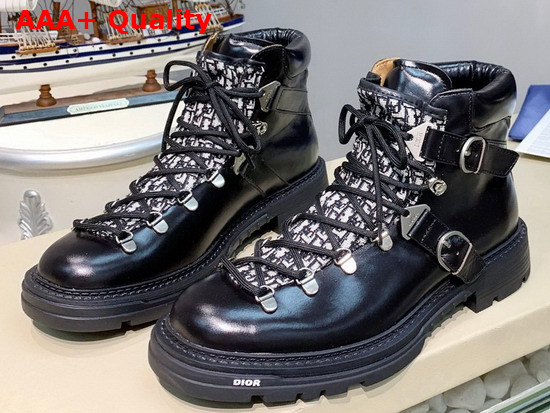 Dior Explorer II Laced and Buckled Ankle Boot Black Polished Calfskin and Beige and Black dior Oblique Jacquard Replica