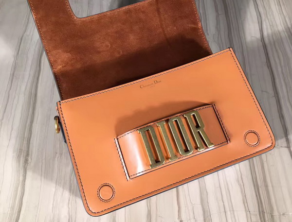 Dior Flap Bag with Slot Handclasp in Light Brown Calfskin Aged Gold Tone Metal For Sale