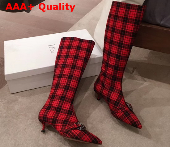 Dior Gang Boot in Tartan Fabric Black and Red Replica
