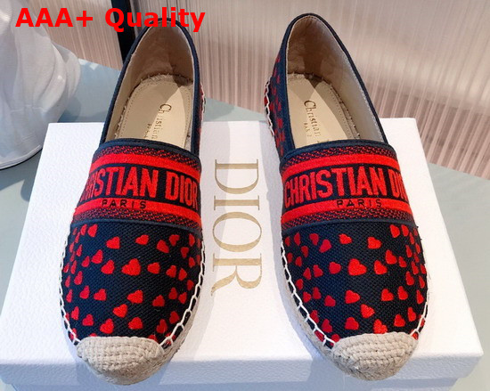 Dior Granville Espadrille Navy Blue and Red Hearts I Love Paris Embroidered Cotton Replica