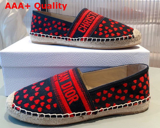 Dior Granville Espadrille Navy Blue and Red Hearts I Love Paris Embroidered Cotton Replica