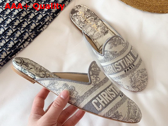 Dior Gray Dior Off Toile de Jouy Canvas Embroidered Cotton Mule Replica
