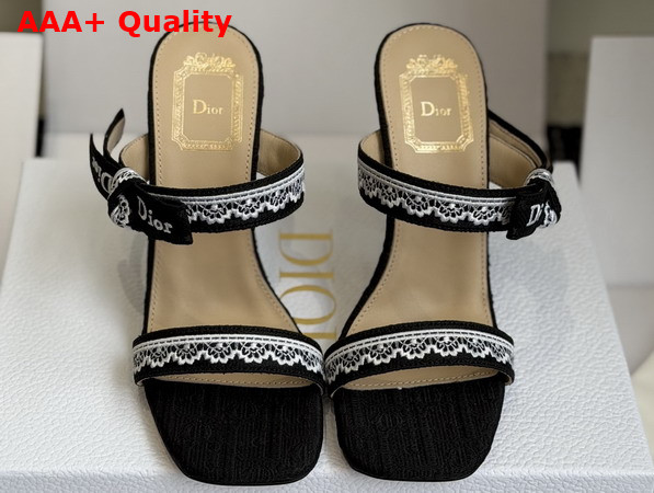 Dior Heeled Sandal with Jadior Straps Black Embroidered Cotton and White Lace Replica