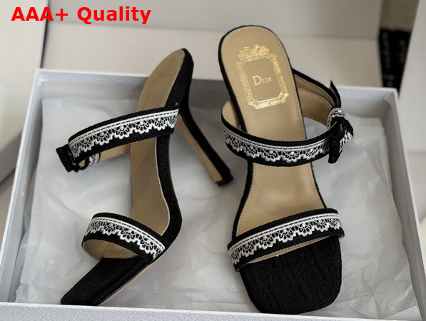 Dior Heeled Sandal with Jadior Straps Black Embroidered Cotton and White Lace Replica