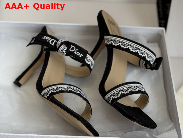Dior Heeled Sandal with Jadior Straps Black Embroidered Cotton and White Lace Replica