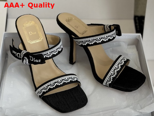 Dior Heeled Sandal with Jadior Straps Black Embroidered Cotton and White Lace Replica