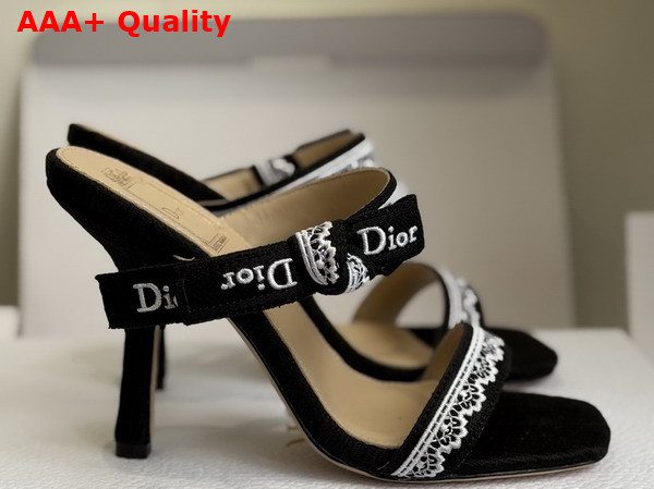 Dior Heeled Sandal with Jadior Straps Black Embroidered Cotton and White Lace Replica