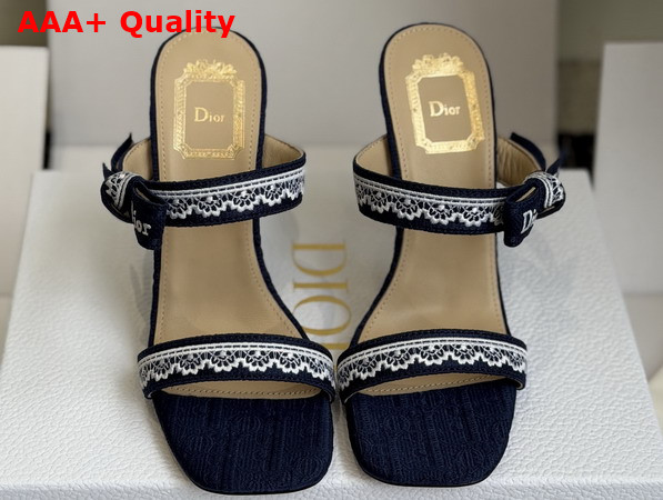 Dior Heeled Sandal with Jadior Straps Blue Embroidered Cotton and White Lace Replica