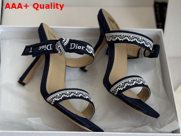 Dior Heeled Sandal with Jadior Straps Blue Embroidered Cotton and White Lace Replica