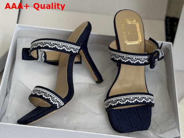 Dior Heeled Sandal with Jadior Straps Blue Embroidered Cotton and White Lace Replica