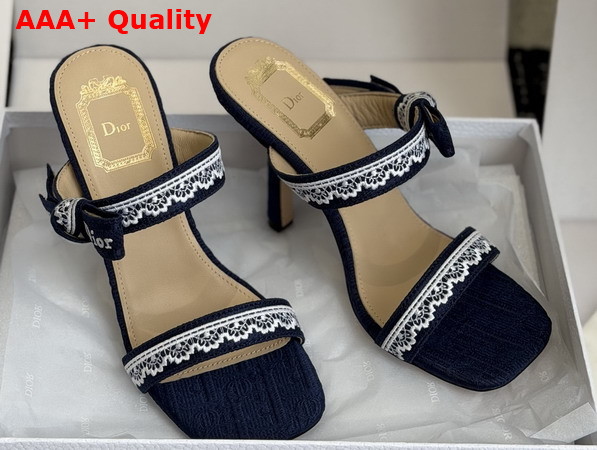 Dior Heeled Sandal with Jadior Straps Blue Embroidered Cotton and White Lace Replica