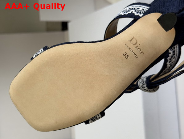 Dior Heeled Sandal with Jadior Straps Blue Embroidered Cotton and White Lace Replica