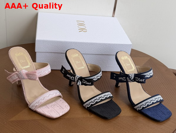 Dior Heeled Sandal with Jadior Straps Blue Embroidered Cotton and White Lace Replica