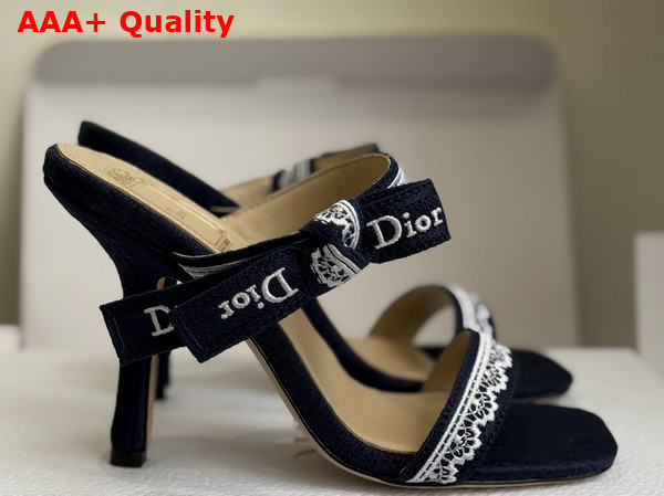 Dior Heeled Sandal with Jadior Straps Blue Embroidered Cotton and White Lace Replica