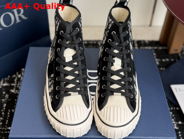 Dior Hooper High Top Sneaker in Beige and Blue Dior Oblique Jacqaurd and Black Suede Calfskin Replica