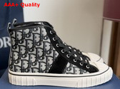 Dior Hooper High Top Sneaker in Beige and Blue Dior Oblique Jacqaurd and Black Suede Calfskin Replica