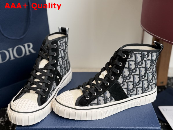 Dior Hooper High Top Sneaker in Beige and Blue Dior Oblique Jacqaurd and Black Suede Calfskin Replica