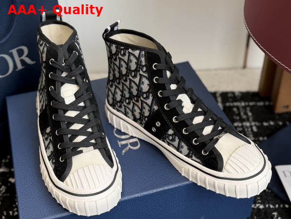 Dior Hooper High Top Sneaker in Beige and Blue Dior Oblique Jacqaurd and Black Suede Calfskin Replica
