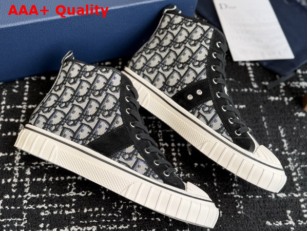 Dior Hooper High Top Sneaker in Beige and Blue Dior Oblique Jacqaurd and Black Suede Calfskin Replica