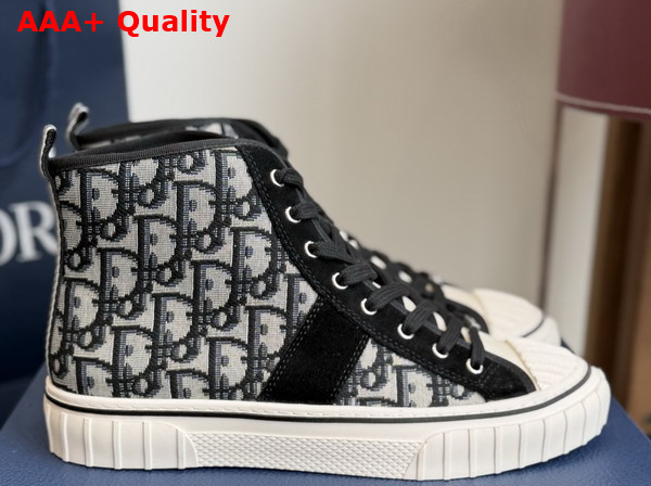 Dior Hooper High Top Sneaker in Beige and Blue Dior Oblique Jacqaurd and Black Suede Calfskin Replica