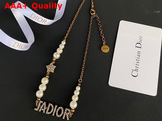 Dior J Adior Choker Necklace Antique Gold Finish Metal White Resin Pearls and White Crystals Replica