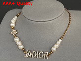 Dior J Adior Choker Necklace Antique Gold Finish Metal White Resin Pearls and White Crystals Replica