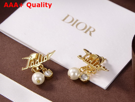 Dior J Adior Earrings Gold Finish Metal and White Resin Pearls with White Crystals Replica