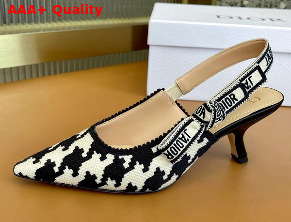 Dior J adior Slingback Pump Black and White Cotton Embroidery with Micro Houndstooth Motif Replica