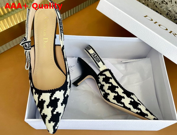 Dior J adior Slingback Pump Black and White Cotton Embroidery with Micro Houndstooth Motif Replica