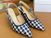 Dior J adior Slingback Pump Blue and White Cotton Embroidery with Micro Houndstooth Motif Replica