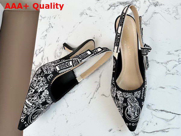 Dior Jadior Slingback Pump Black and White Cotton Embroidered with Plan de Paris Motif Mid Heel Replica