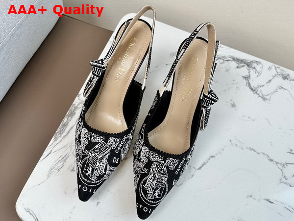 Dior Jadior Slingback Pump Black and White Cotton Embroidered with Plan de Paris Motif Mid Heel Replica