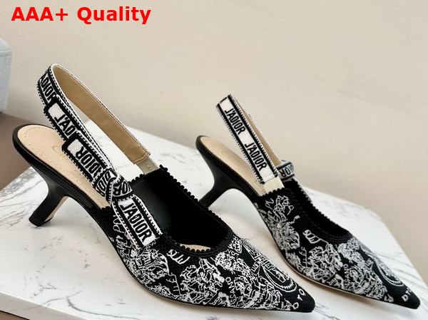Dior Jadior Slingback Pump Black and White Cotton Embroidered with Plan de Paris Motif Mid Heel Replica