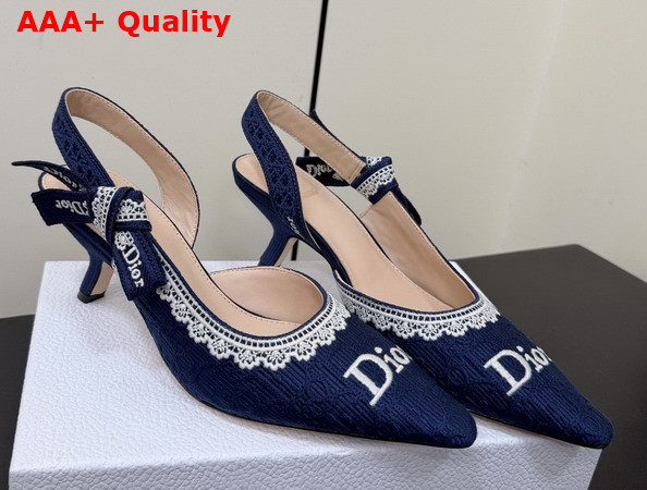 Dior Jadior Slingback Pump Blue Dior Oblique Embroidered Cotton and White Lace Replica